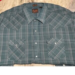 Plains Western Shirt Pearl Snap Woven Plaid Green XXL Tall Vintage Cowboy